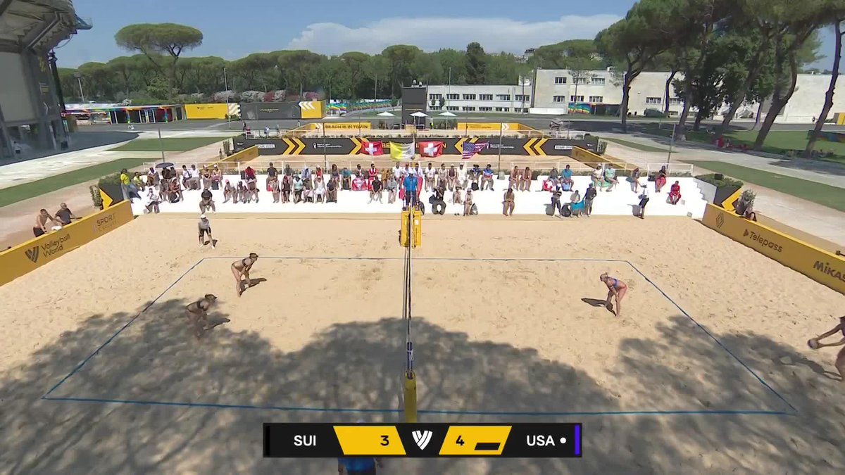 A beach volleyball match between Switzerland (SUI) and USA, with the score showing USA leading 4-3.