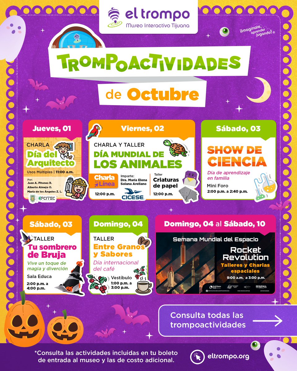 TrompoMuseo's tweet photo. 📆Octubre en #ElTrompo es mes lleno de sorpresas.

💜Experiencias de ciencia, tecnología, arte y cultura. Conocer experiencias inmersivas. O sumergirte a las profundidades del mar.

🎟️¡Consulta la agenda y planea tu visita en familia!

#TrompoActividades #Tijuana #PlanesEnFamilia https://t.co/0IBD1O3RcW