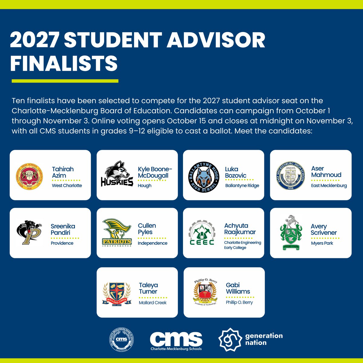 CMSboard's tweet photo. Here are the finalists for the 2027 Student Advisor to the Board. Thank you to all our applicants, and congrats to our finalists! https://t.co/6vaV5Td0Ff