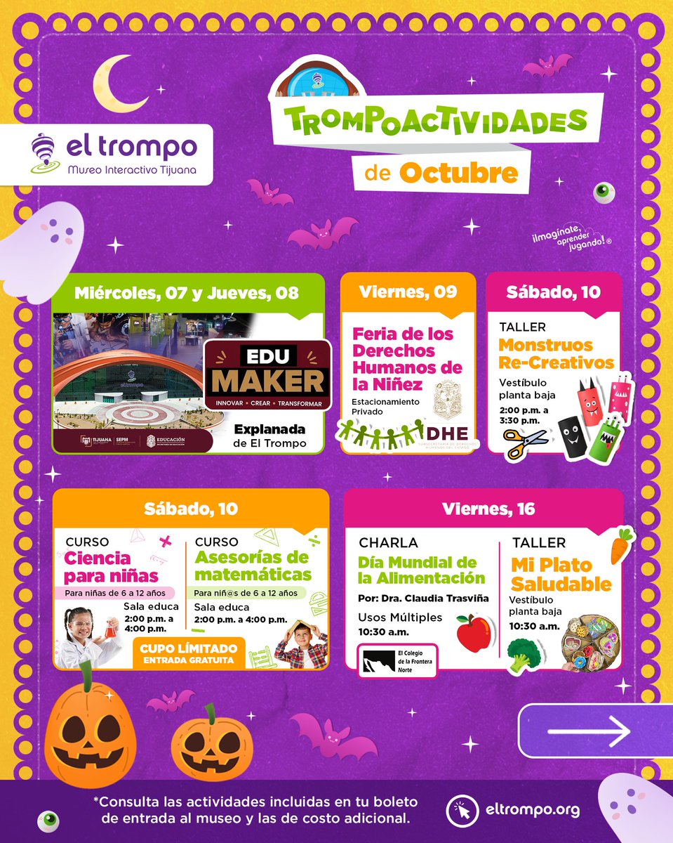 TrompoMuseo's tweet photo. 📆Octubre en #ElTrompo es mes lleno de sorpresas.

💜Experiencias de ciencia, tecnología, arte y cultura. Conocer experiencias inmersivas. O sumergirte a las profundidades del mar.

🎟️¡Consulta la agenda y planea tu visita en familia!

#TrompoActividades #Tijuana #PlanesEnFamilia https://t.co/0IBD1O3RcW