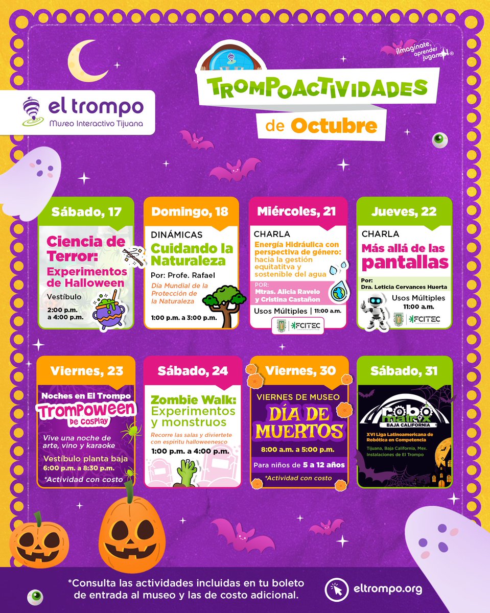 TrompoMuseo's tweet photo. 📆Octubre en #ElTrompo es mes lleno de sorpresas.

💜Experiencias de ciencia, tecnología, arte y cultura. Conocer experiencias inmersivas. O sumergirte a las profundidades del mar.

🎟️¡Consulta la agenda y planea tu visita en familia!

#TrompoActividades #Tijuana #PlanesEnFamilia https://t.co/0IBD1O3RcW