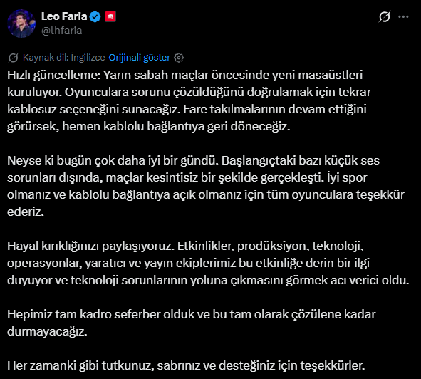 FlankEsports's tweet photo. VALORANT Global Espor Direktörü Leo Faria, VALORANT Champions Shanghai 2026'da süre gelen sorunlarla alakalı açıklama yaptı. https://t.co/28aYc8tHDb