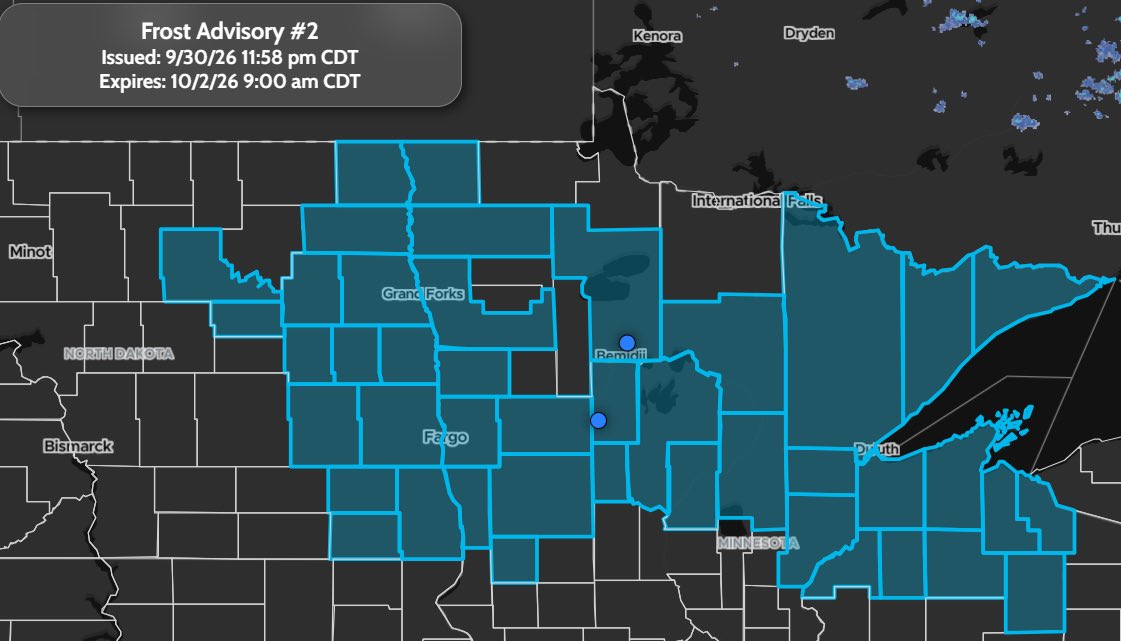 StormTrackingHQ's tweet photo. #FrostAdvisory 02 has been issued for portions of #Minnesota, #Wisconsin and #NorthDakota until 9:00 am CDT Friday #wxtwitter #wxX #wx #Winterwx #TornadoAlley #HoosierAlley #mnwx #MNwx #wiwx #WIwx #ndwx #NDwx #DetroitLakes #Fargo #GrandForks #Ashland #MooseLake #Duluth #HaywardWI #Bemidji #FergusFalls #Grafton #ValleyCity #GrandRapidMN
Temperatures as low as 32 will result in frost formation