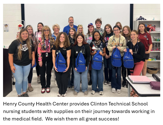 HCHC2020's tweet photo. Clinton Tech School nursing students received nursing supplies today with a visit from Henry County Health Center! Our community's future nurses are pictured here with Henry County Health Center Administrator Peggy Cable as well as Dana Hall and Robert Royal. https://t.co/kE2HUcSW6V