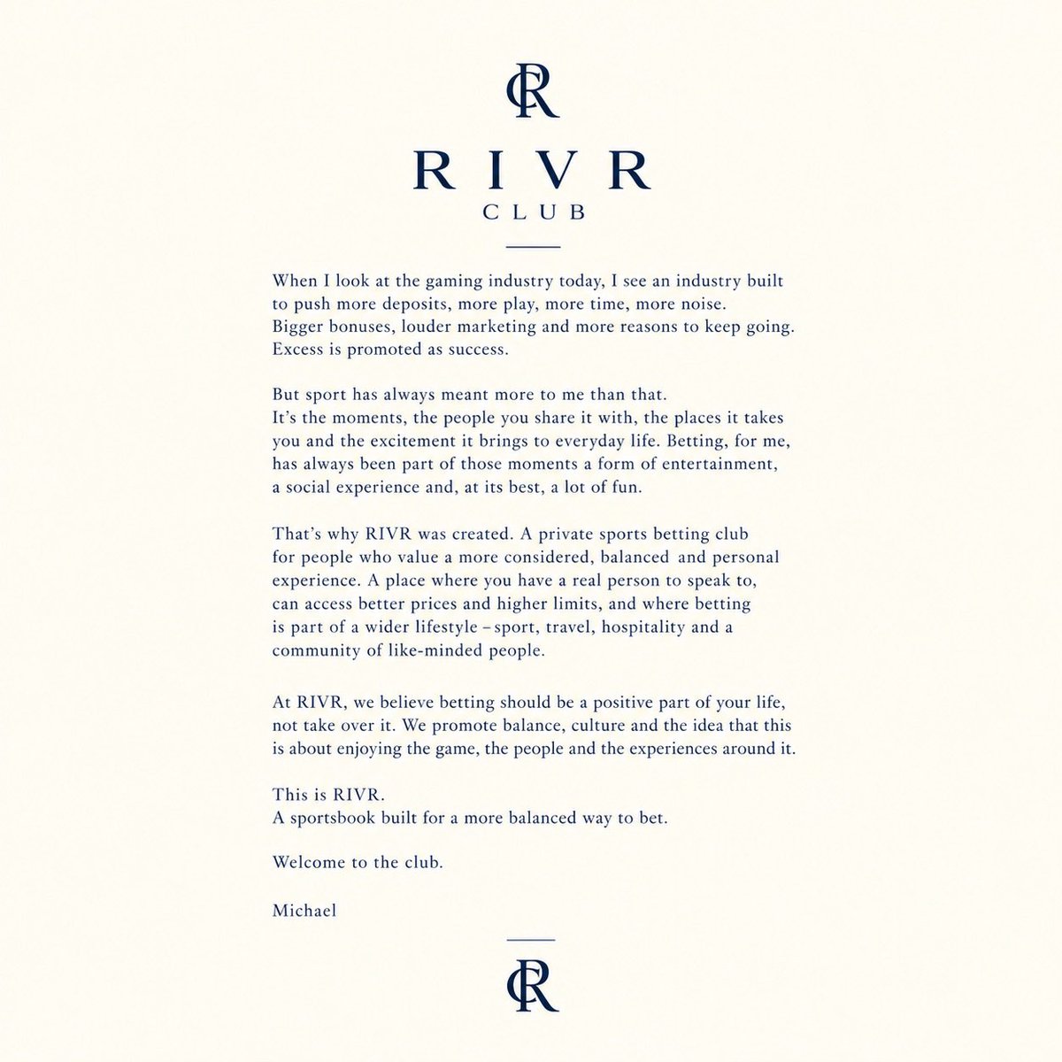 RivrClub's tweet photo. RIVR was created to do things differently.

Less excess. More balance.
Less noise. More personal.
Betting as part of the experience, not the whole experience.

A sportsbook that knows your name.

Welcome to RIVR Club. https://t.co/JnOPV4WcWq