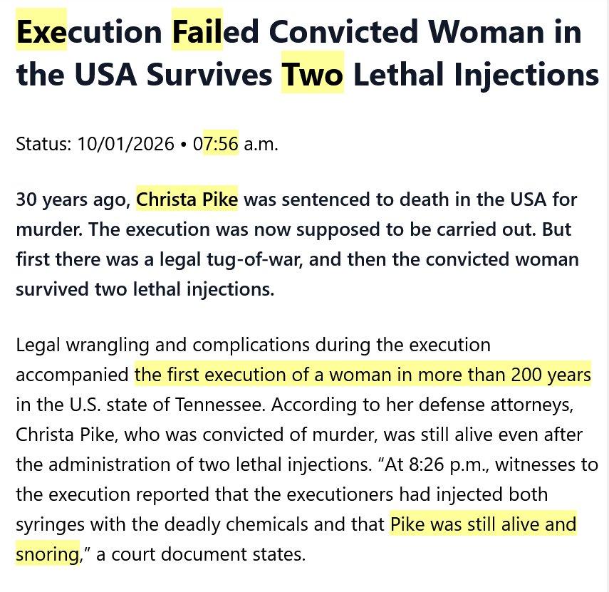 guteKi1147Q's tweet photo. Execution Failed Convicted Woman CHRISTA PIKE
Survives 2 Lethal Injections on
WEDNESDAY = 3700😘 #Code37
MITTwoch = 666😉 ! #Code6
Heavy ...heavy.😱SYSTEM ERROR🤯!
~Pike was still alive and snoring😴💤
~What's next ?
WOODEN STAKE and SILVER CROSS ?🧛♀️
https://t.co/bPOMrbgCxd👀 https://t.co/ixKRZpldqL
