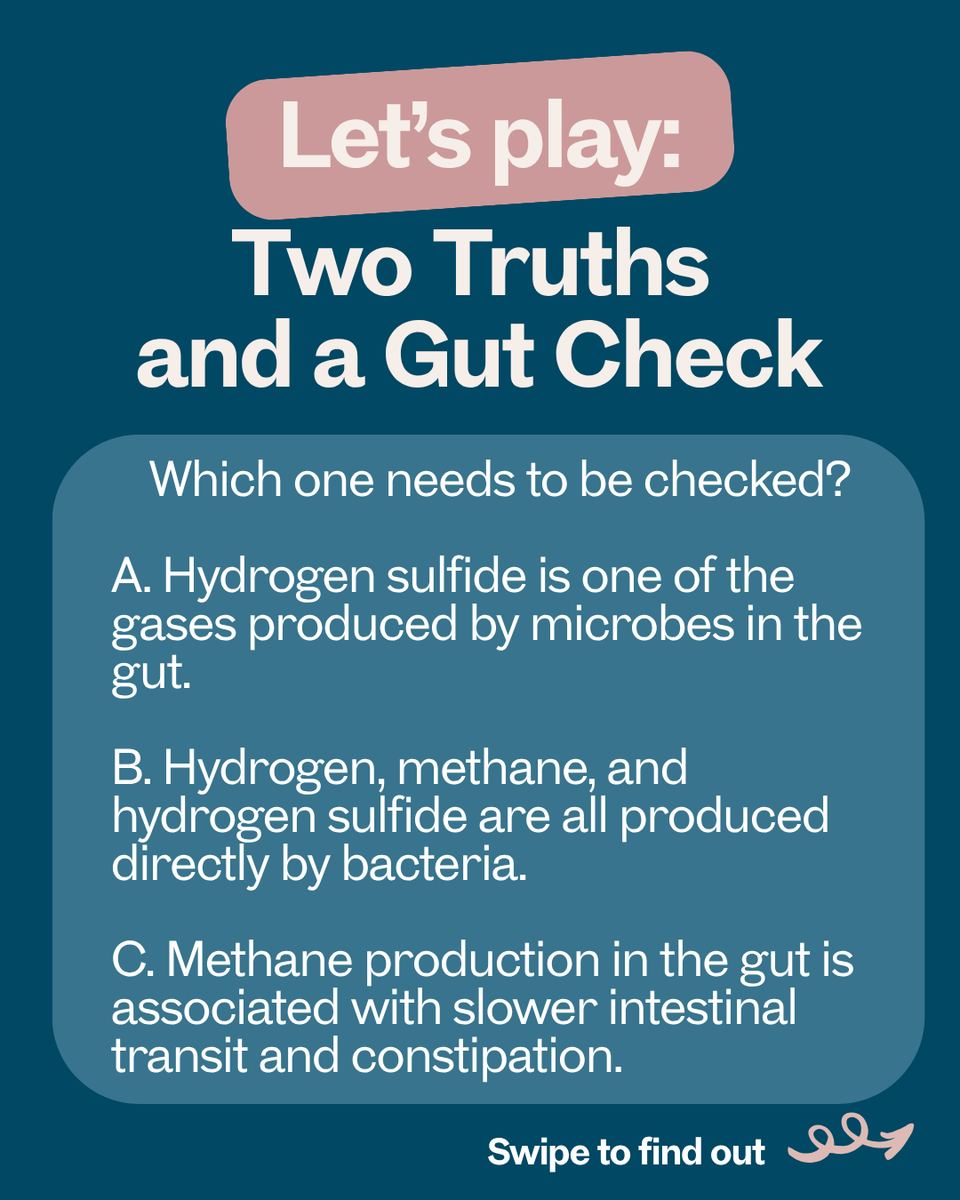 MASTprogram's tweet photo. 🧪🦠 TWO TRUTHS & A GUT CHECK

Three gut facts. Two are true. One needs a gut check.
Can you spot it? 👀

A. Hydrogen sulfide is one of the gases produced by microbes in the gut.
B. Hydrogen, methane, and hydrogen sulfide are all produced directly by bacteria.
C. Methane production in the gut is associated with slower intestinal transit and constipation.

🤔 Which one doesn’t pass the gut check?

Look in the comments to see if you got it right.

#TwoTruthsAndAGutCheck #GutHealth #Microbiome #GIResearch #BreathTesting #Gastroenterology #MASTProgram
