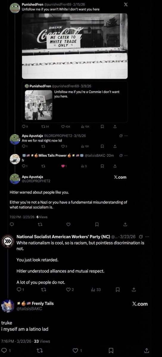 JailedFren's tweet photo. Before @wewuzsoap aka @NSAWP_SE 
"Apu"/@NSAWP_NC started @NSAWP_
he use to steal memes/infighting 24/7
"tails" replied to my unfollow me if aren't White post apu was arguing with him for being racist until he tails told him he is a 🇲🇽Apu recruited his 🌮fren to join @NSAWP_us https://t.co/AlSjfRqOfJ