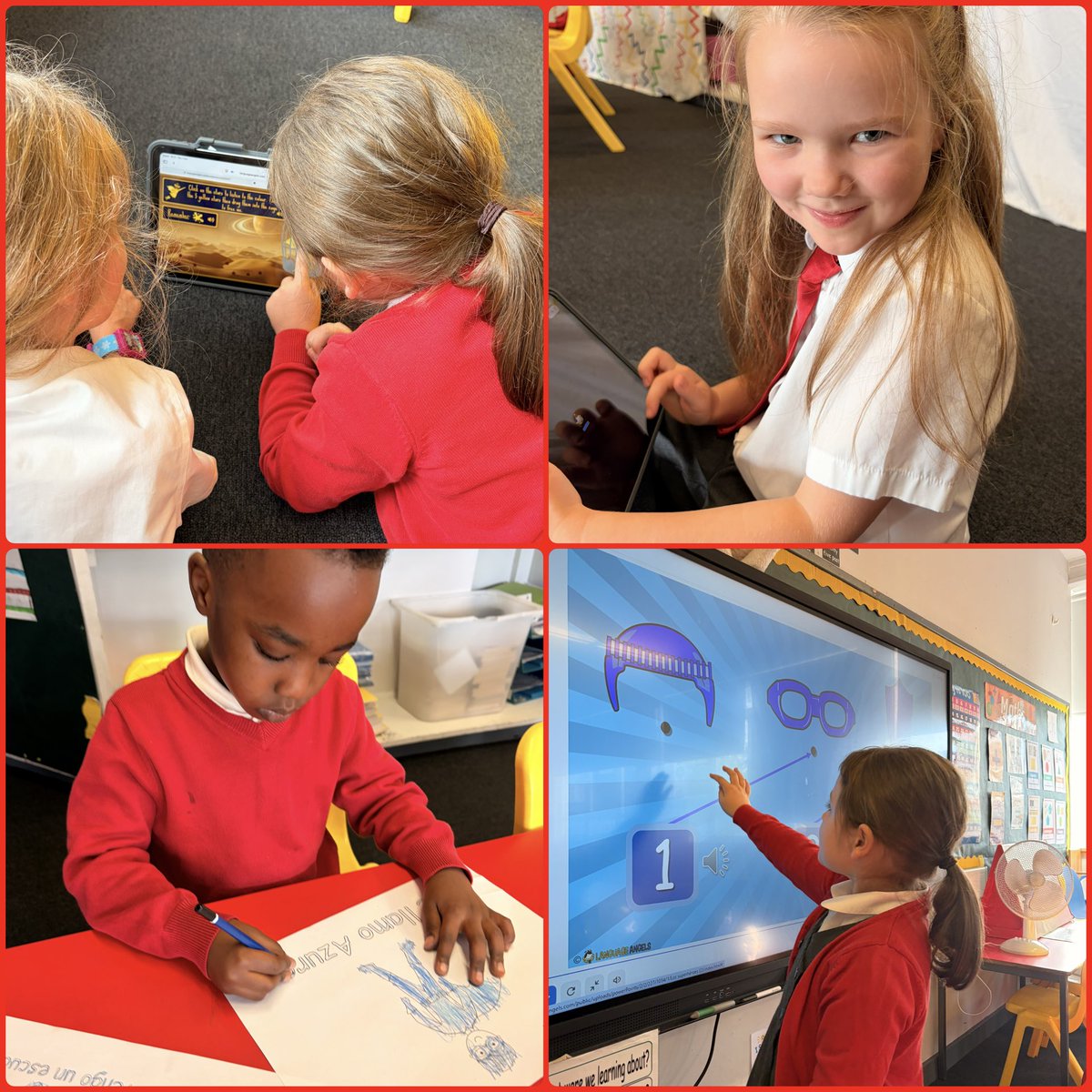 MrsMaden_CCPS's tweet photo. Primary 2/1 are loving their new unit “los superheroés” 🦸‍♂️ 🌈 and today after all their hard work we had some time to reinforce new and prior vocabulary with games on the iPads 🌟 friends helping friends and big smiles all round! @CorpusChristi_K https://t.co/pdatwWVbLB