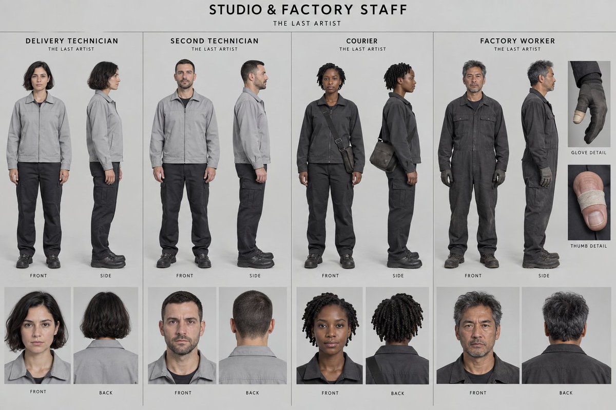 The Last Artist’s studio and factory staff sheet includes glove and bandaged-thumb references.