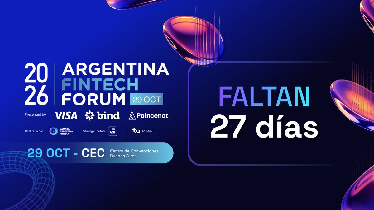 CamaraFintechAr's tweet photo. 🚀  Faltan 27 días para el Argentina Fintech Forum 2026. 

Estos son los cinco ejes que van a ordenar la agenda:
🔹 Pagos y evolución del negocio
🔹 Infraestructura tecnológica y seguridad
🔹 Blockchain y mercado de capitales
🔹 Regulación y agenda de políticas públicas
🔹 Crédito, inversión y economía real

29 de octubre 📍 CEC Buenos Aires

👉 https://t.co/JChgAu3SI2

#AFF2026
@Visa @bindARG @poincenotstudio
@tecweekar