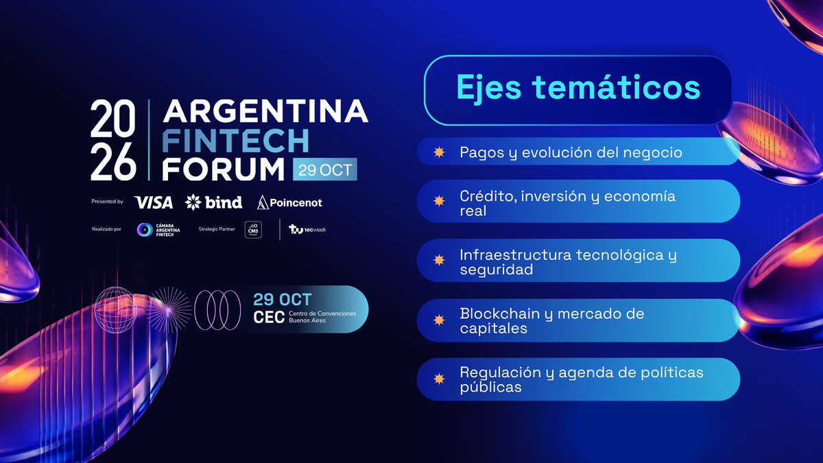 CamaraFintechAr's tweet photo. 🚀  Faltan 27 días para el Argentina Fintech Forum 2026. 

Estos son los cinco ejes que van a ordenar la agenda:
🔹 Pagos y evolución del negocio
🔹 Infraestructura tecnológica y seguridad
🔹 Blockchain y mercado de capitales
🔹 Regulación y agenda de políticas públicas
🔹 Crédito, inversión y economía real

29 de octubre 📍 CEC Buenos Aires

👉 https://t.co/JChgAu3SI2

#AFF2026
@Visa @bindARG @poincenotstudio
@tecweekar
