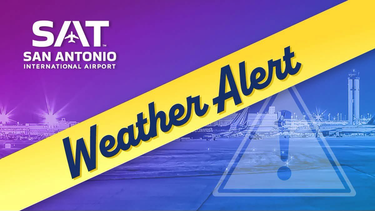 SATairport's tweet photo. ⚠️ SAT Weather Alert ⚠️

With severe weather impacting flight operations at SAT, we encourage all travelers to plan ahead in case of potential delays, cancellations or longer wait times. 

Keep these tips handy if you’ll be flying out of SAT: (1/2) https://t.co/Un9gSjf7Hw