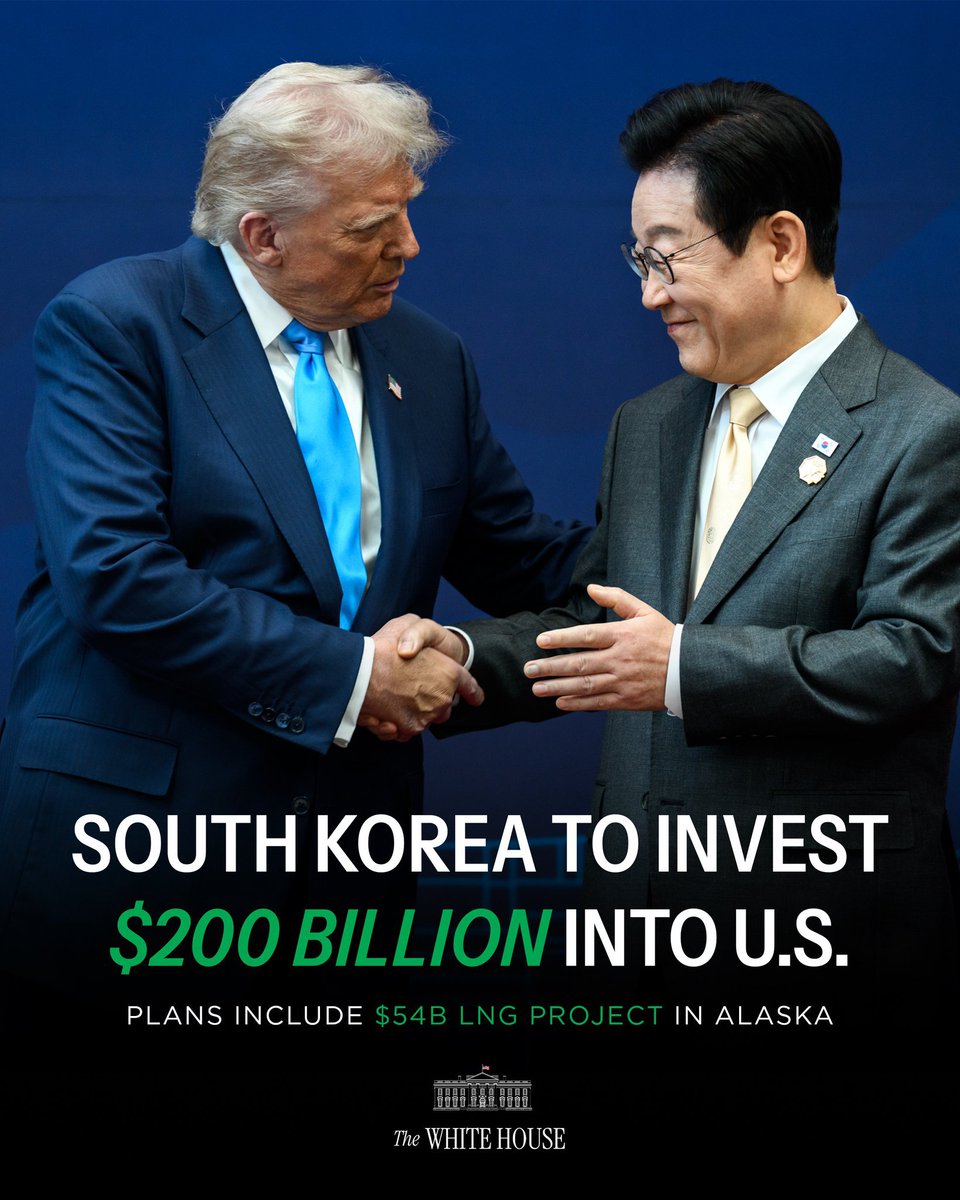 Kayleighbackup8's tweet photo. TODAY: South Korea plans to invest billions into major U.S. energy projects, including a crucial Alaska LNG plan. These investments will generate thousands of jobs and help reduce energy costs for Americans. ✅🇺🇸 https://t.co/RVXpGLiKI8