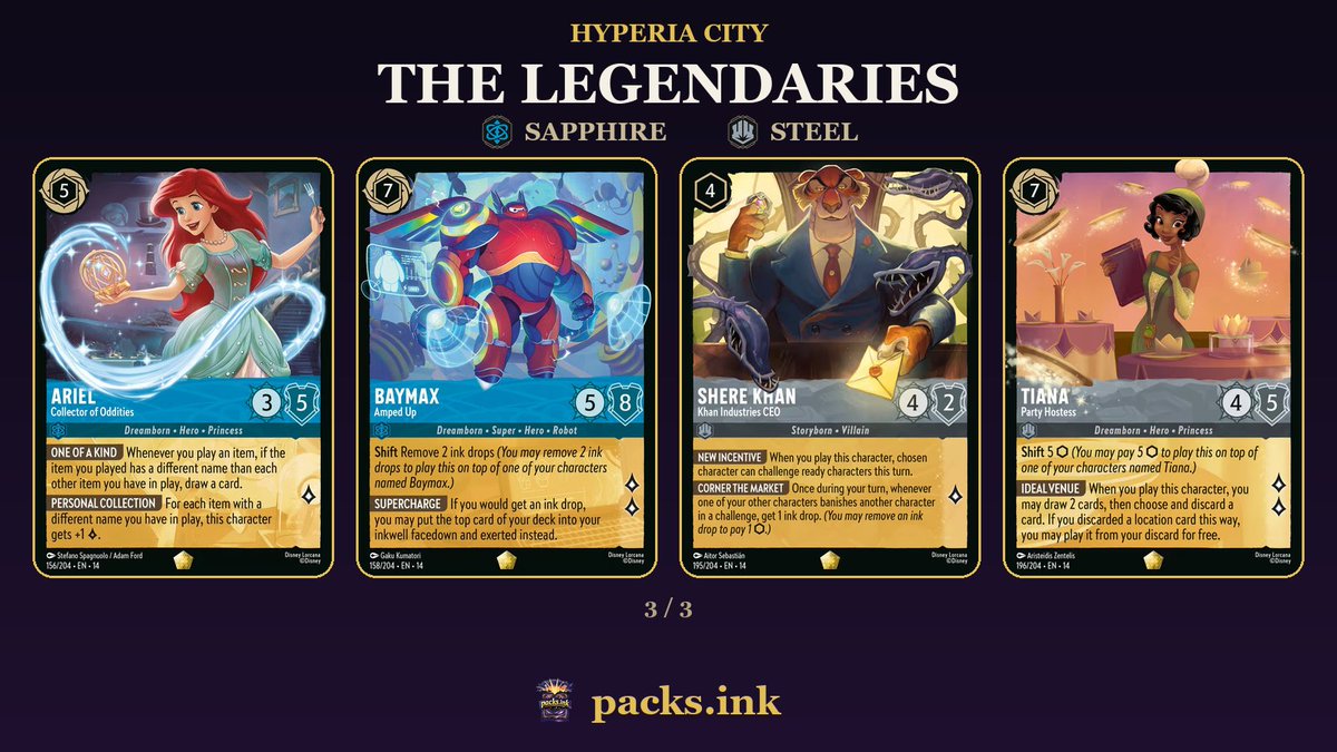 Packs_Ink's tweet photo. All 12 Hyperia City Legendaries

Powerline, Aurora, Rapunzel, Mim, Max, Belle, Héctor, Mulan, Ariel, Baymax, Shere Khan, Tiana.

Every card revealed → https://t.co/GnykEaVJAI https://t.co/ADP1vjLNZk