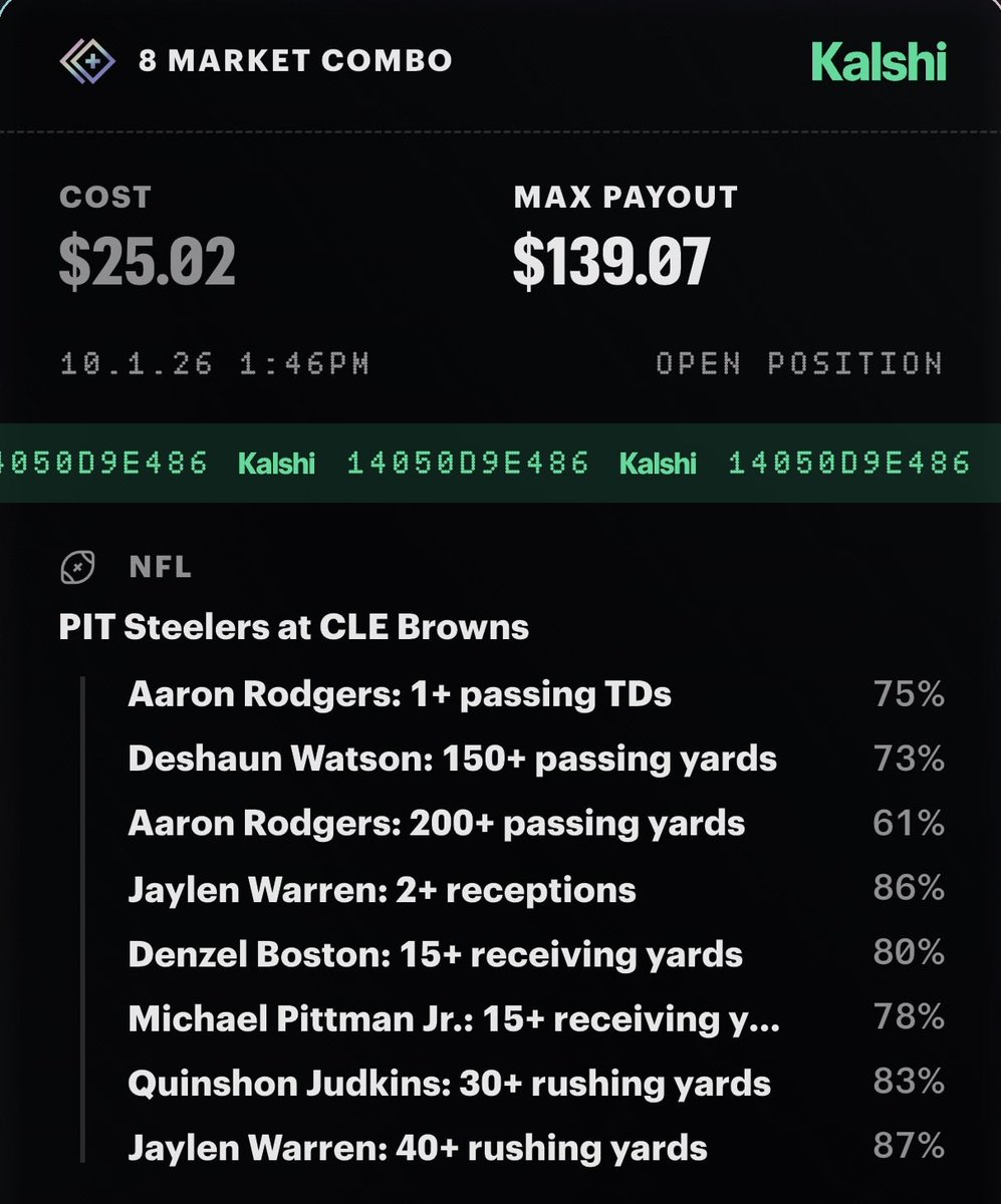ZitiBets's tweet photo. Here’s a FREE LONGSHOT parlay. 
Usually this would be posted in the Premium, but I’m feeling good today. 

I really see a world where this hits. Let’s do it and get paid tonight. 🫡 

#Freeplay #kalshi #TNF #NFLBet https://t.co/WmUpwv2JzS