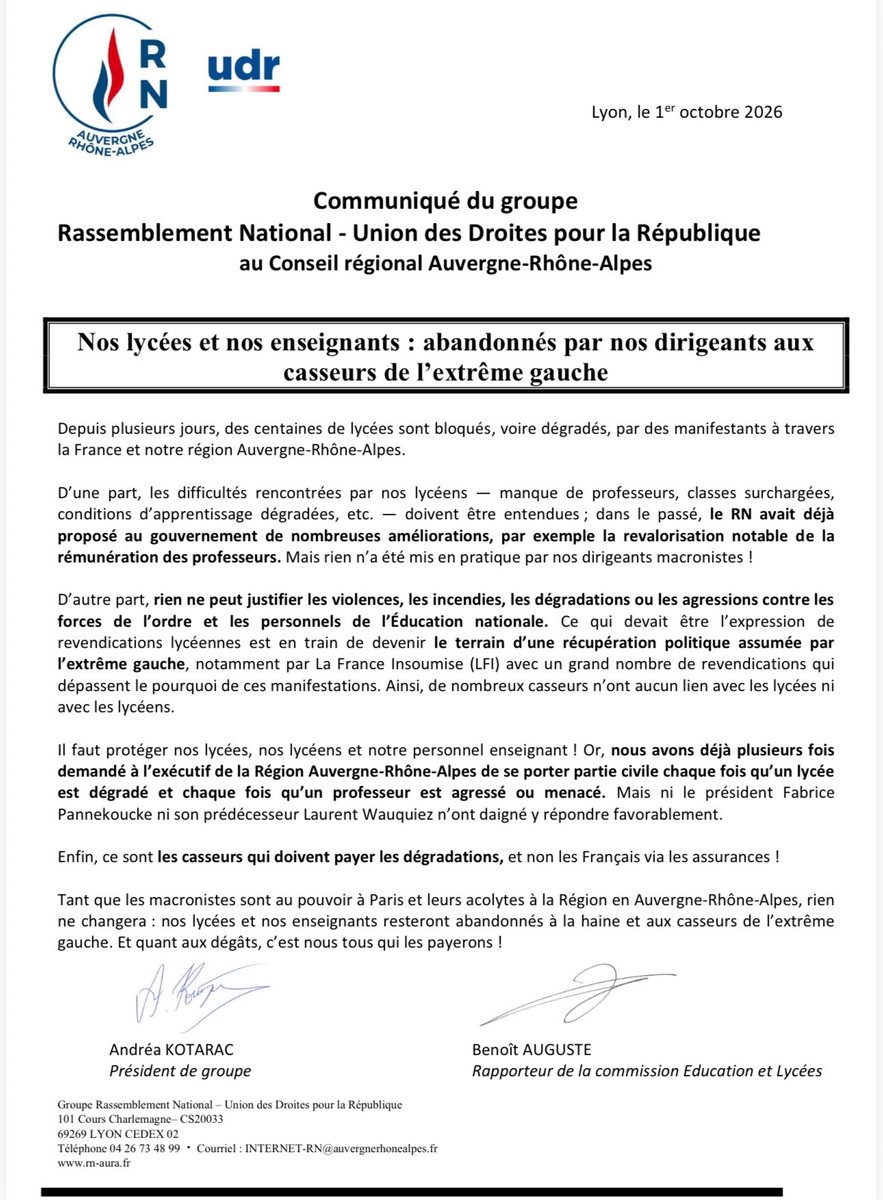 baugusteaura's tweet photo. Retrouvez le communiqué du @GroupeRnAURA que j’ai cosigné avec notre président @AndreaKotarac ! Situation dans nos lycées : le LFI, la France incendiaire, ça suffit ! Vite @MLP_officiel et @J_Bardella pour le retour de l’ordre ! @lyonmag @ledauphine @Le_Progres @lamontagne_fr https://t.co/UPnOgxmmam