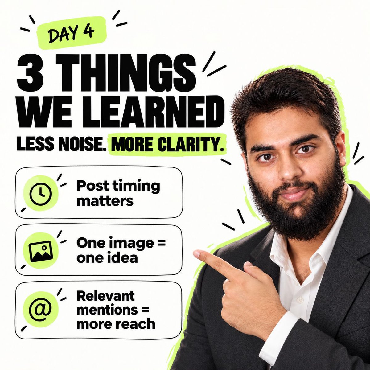 dev_maruf's tweet photo. Day 4:
4 days of building in public got me ~15 followers.

Most people would call that a failure. I call it big lessons with cheap cost.

Mistake 1: We posted good content at the wrong time.
Lesson: A great post nobody sees is the same as no post.

Mistake 2: Our images tried to say everything at once.
Lesson: If people can't get it in 2 seconds, they scroll past it.

What worked: We wrote about tools we actually use.
Lesson: Real stories get real replies. Random tags get ignored.

We still have no name, just a colour and 15 people watching.

Day 5 is next. Follow along if you want to see what happens from zero.