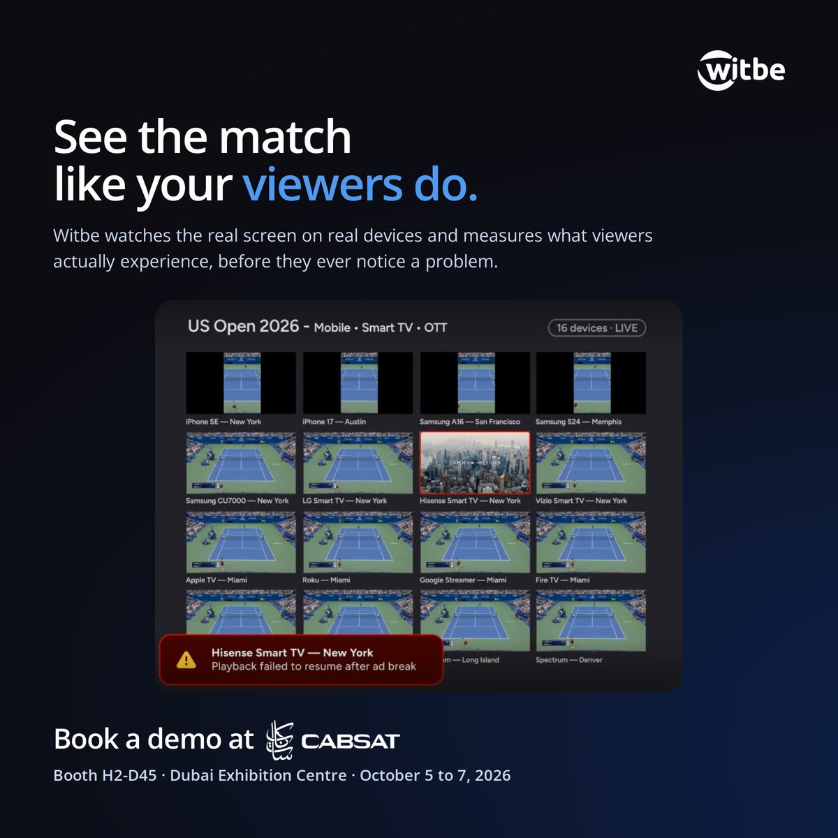 witbe's tweet photo. Live sport does not give you a second chance. ⚽

Witbe monitors screens viewers see, detecting buffering, freezes, sync issues, slow starts &amp; ad problems in real time. 📺

See it live at #CABSAT2026 in Dubai, Oct. 5–7.
📍 Booth H2-D45, French Pavilion
👉 https://t.co/PTv7yK7C6n https://t.co/Lacs4szL9z