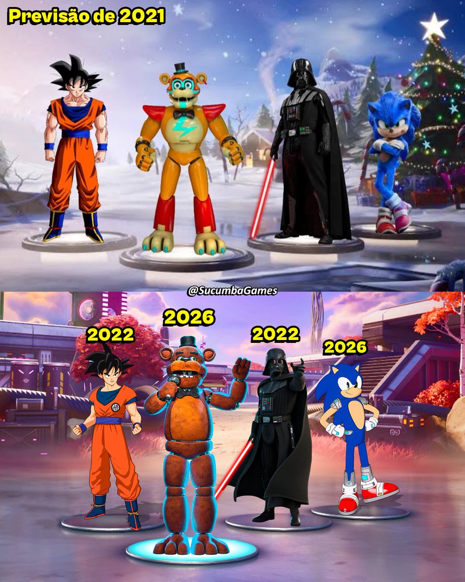 SucumbaGames's tweet photo. Já se passaram 5 anos desde a previsão, mas finalmente a profecia foi cumprida. Goku, Freddy Fazbear, Darth Vader e Sonic estão todos no Fortnite. https://t.co/o0KeVzKgaC