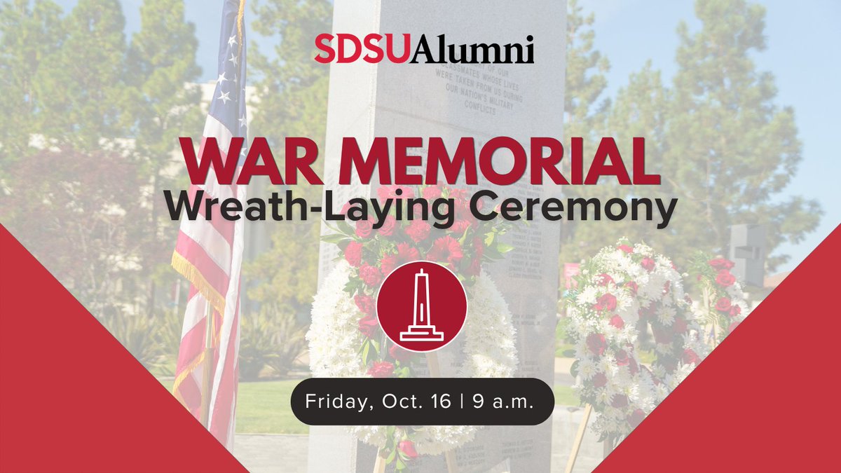 sdsualumni's tweet photo. SDSU’s annual War Memorial Wreath-Laying Ceremony returns October 16 to honor and remember our fallen Aztecs who made the ultimate sacrifice during our nation’s military conflicts.

Join us in person or via livestream, register at https://t.co/cXJFKlwFOe https://t.co/0JzJeysGkj