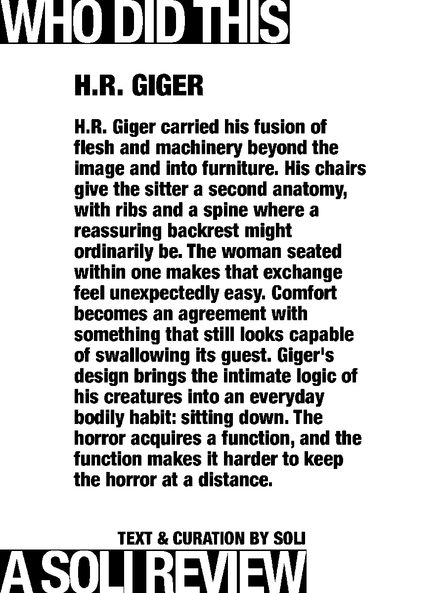solisolsoli's tweet photo. Skeletal Chair · H.R. Giger https://t.co/qIbOaVFjHM