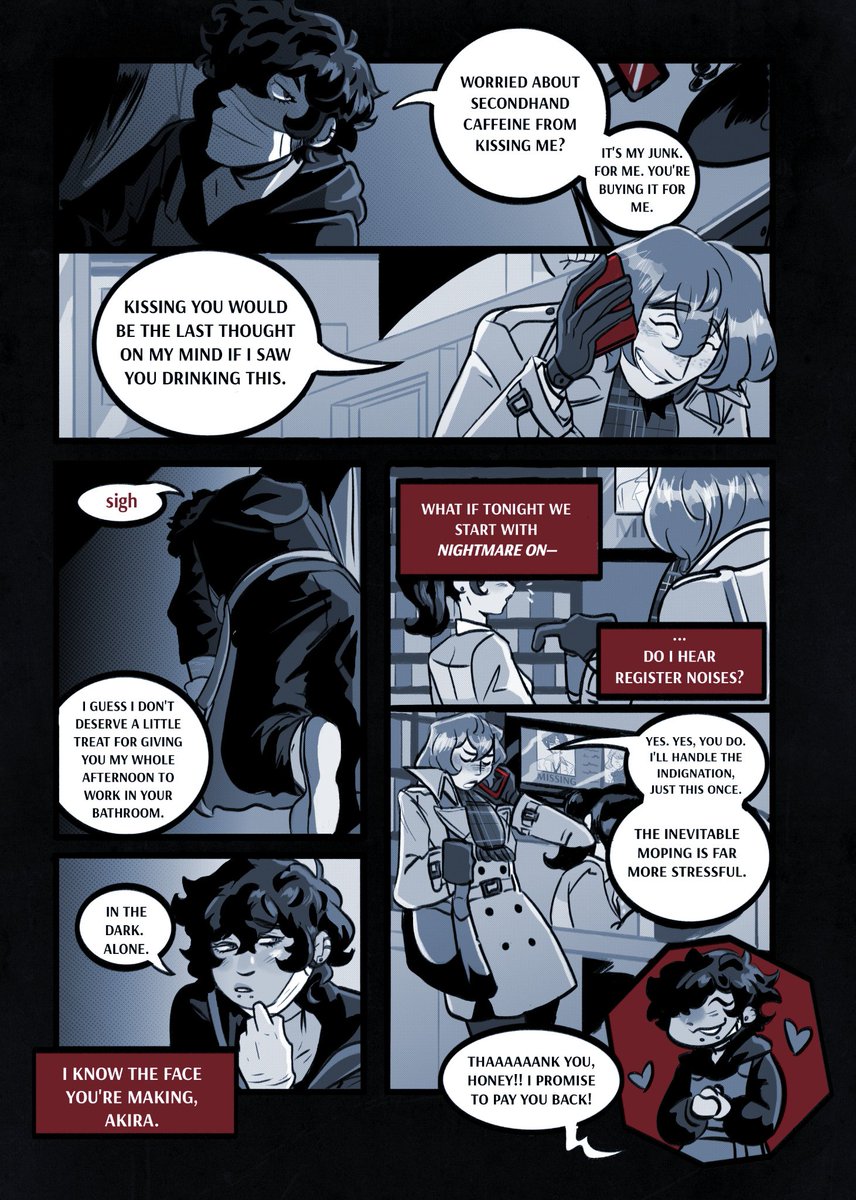 nitemarephase's tweet photo. [repost] 

accomplice boyfriends au comic for halloween month 🥞🎃☕️ #akeshu #shuake 
1/4 https://t.co/pLMm73clse