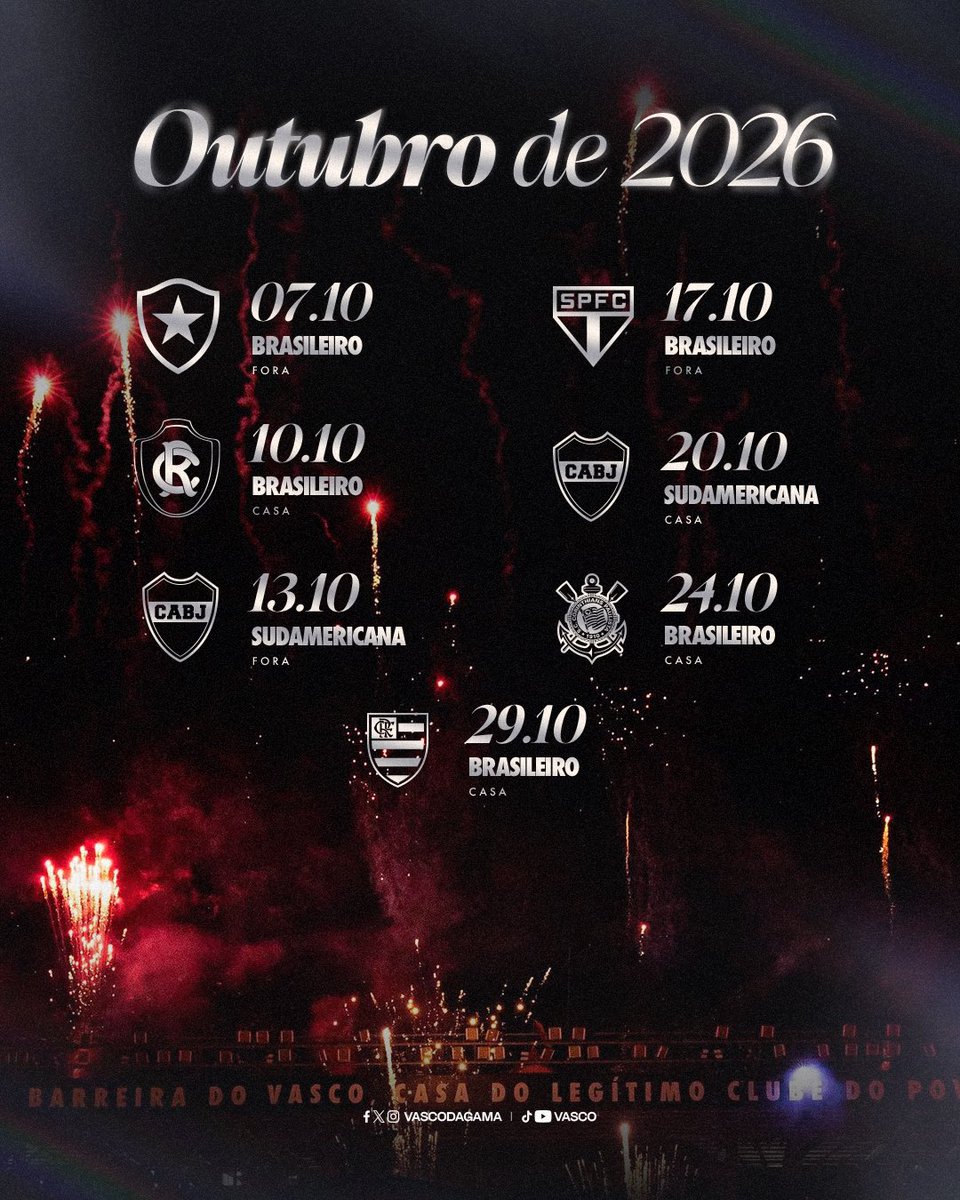 VascodaGama's tweet photo. 🗓️ O mês de outubro chega com partidas válidas pelo Brasileirão e pela Copa CONMEBOL Sudamericana! 💢

#VascoDaGama https://t.co/Xe2NsPStVM