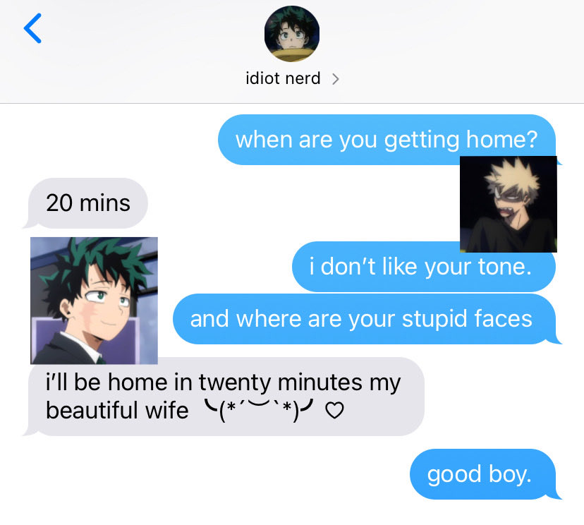 kacchanito's tweet photo. i have a silly little headcanon that katsuki hates when izuku dry texts him and he also secretly loves izuku’s kaomoji usage https://t.co/yfzaF6cZNI