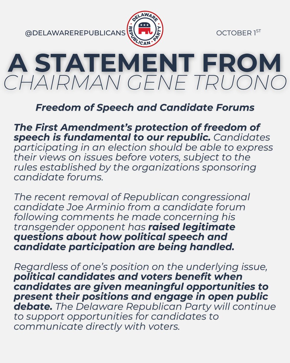 DelawareGOP's tweet photo. A statement from our chairman, Gene Truono. https://t.co/3RUnbcKN7c