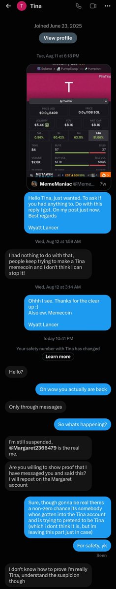 WyattLan86723's tweet photo. Can confirm. This is the actual Tina account. that messaged me, talked before about. A scam message I got.

Stay careful @Margaret2366479

Wyatt Lancer https://t.co/5j62EUgAyu