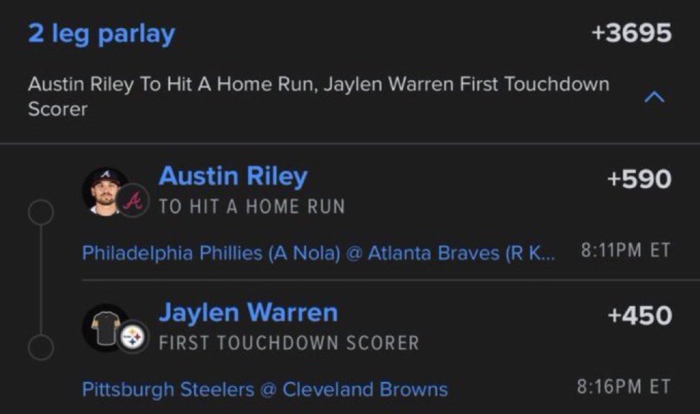 legacywin_'s tweet photo. 🔥 2-LEG PARLAY — +3695

⚾ Austin Riley — To Hit a Home Run (+590)
🏈 Jaylen Warren — First Touchdown Scorer (+450)

#MLB #NFL #Parlay #BettingPicks #HomeRun #Touchdown #SportsBetting #ParlayPicks #DavisParlay https://t.co/zoaRhDX2BM