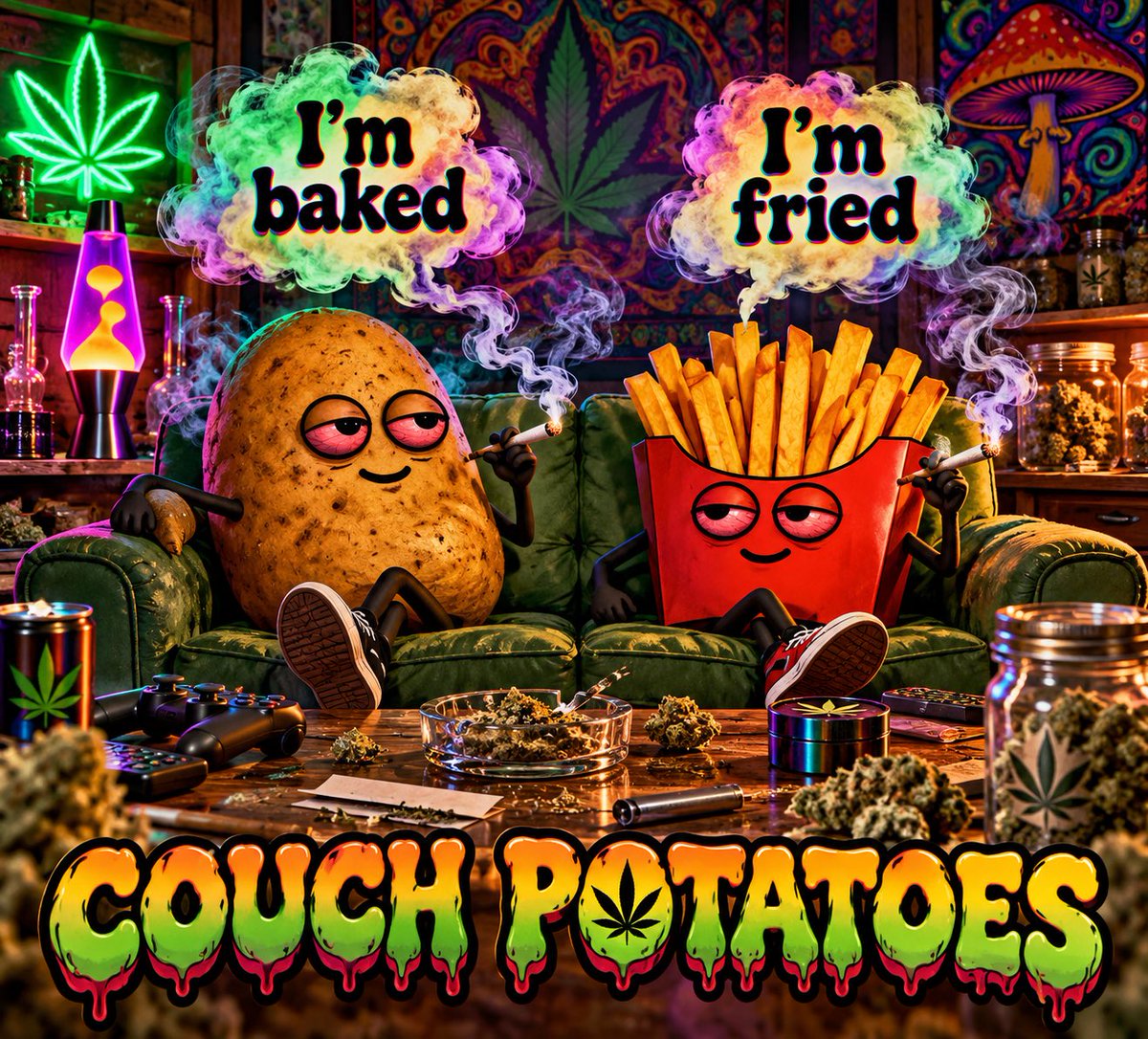 ClockworkxChaos's tweet photo. When you and your homie are on the same couch but in two completely different dimensions. 😂🥔🍟💨 #CouchPotatoes #CannabisCulture #StonerHumor #WeedMemes #CannabisCommunity #StonerLife #HighHumor #420Life #StayLifted https://t.co/61ZnFAllJs