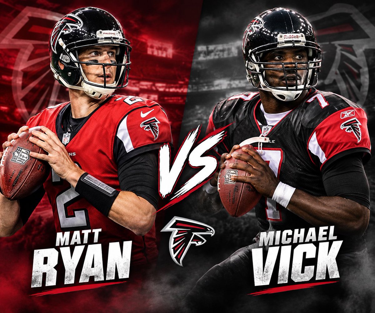 UnGr_Show's tweet photo. Random #DirtyBirds thought:

Prime Matt Ryan.
Prime Michael Vick.

Current Falcons roster.
Who are you taking?
Explain why the other guy loses. 

(AI Image) https://t.co/iqm4Xw8xqo