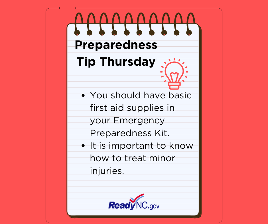 NCEmergency's tweet photo. 🚨 Preparedness Tip Thursday 🚨 

Simply having a first aid kit can help you stop bleeding, avoid infection and is a critical component of your disaster kit.  

For a full checklist of what to include, go to https://t.co/dGHFIsfr6y https://t.co/KYf3Nrwiqv