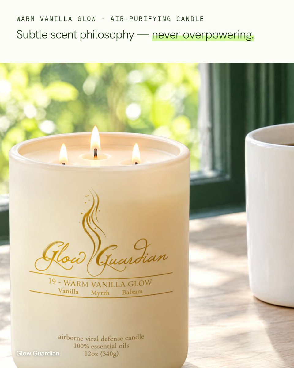 Glow_Guardian's tweet photo. Warm Vanilla Glow air-purifying candle.
Subtle scent philosophy — never overpowering.
Vanilla, myrrh and balsam.
Shop the range: https://t.co/UHz9v6oYVI

#nontoxiccandle #warmvanilla #airpurifyingcandle https://t.co/wzNIUk4bMM