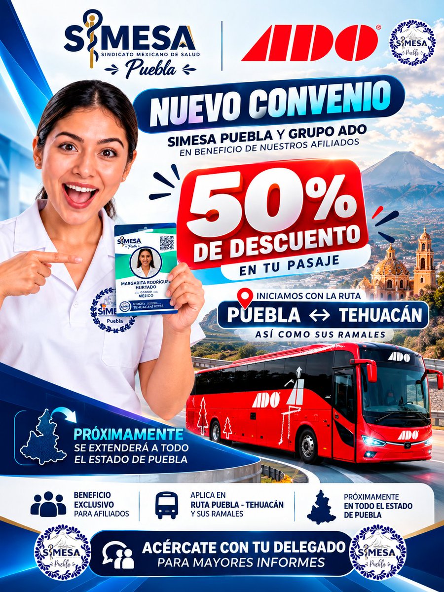 SSimesa17496's tweet photo. 🚌💙 ¡Nuevo beneficio para afiliados de #SIMESAPuebla!

🤝 Convenio con Grupo ADO
🎟️ 50% de descuento en pasaje
📍 Iniciamos en la ruta Puebla ↔ Tehuacán y sus ramales.

Acércate con tu delegado SIMESA para conocer condiciones y procedimiento.

#SIMESA #ADO https://t.co/zTHW9x5Jcg