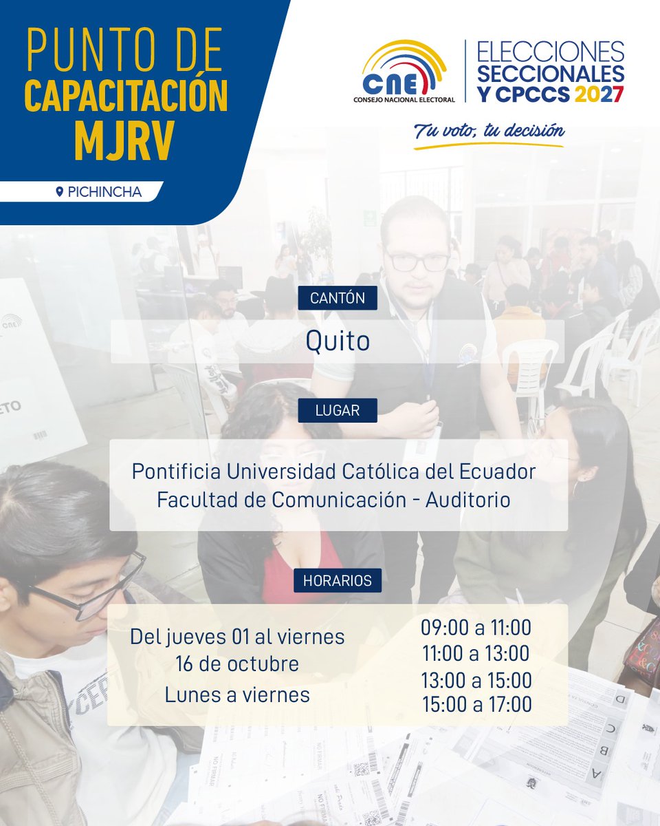 pichincha_cne's tweet photo. 🗳️ #CapacitaciónMJRV2027 | Atención, @PUCE_Ecuador. 

Conoce los puntos habilitados para capacitarte como Miembro de Junta Receptora del Voto.

📍 Revisa los horarios disponibles, y prepárate para cumplir tu deber cívico en las #Elecciones2027Ec y #ElecciónCPCCS2027. https://t.co/uapUbVtpDt