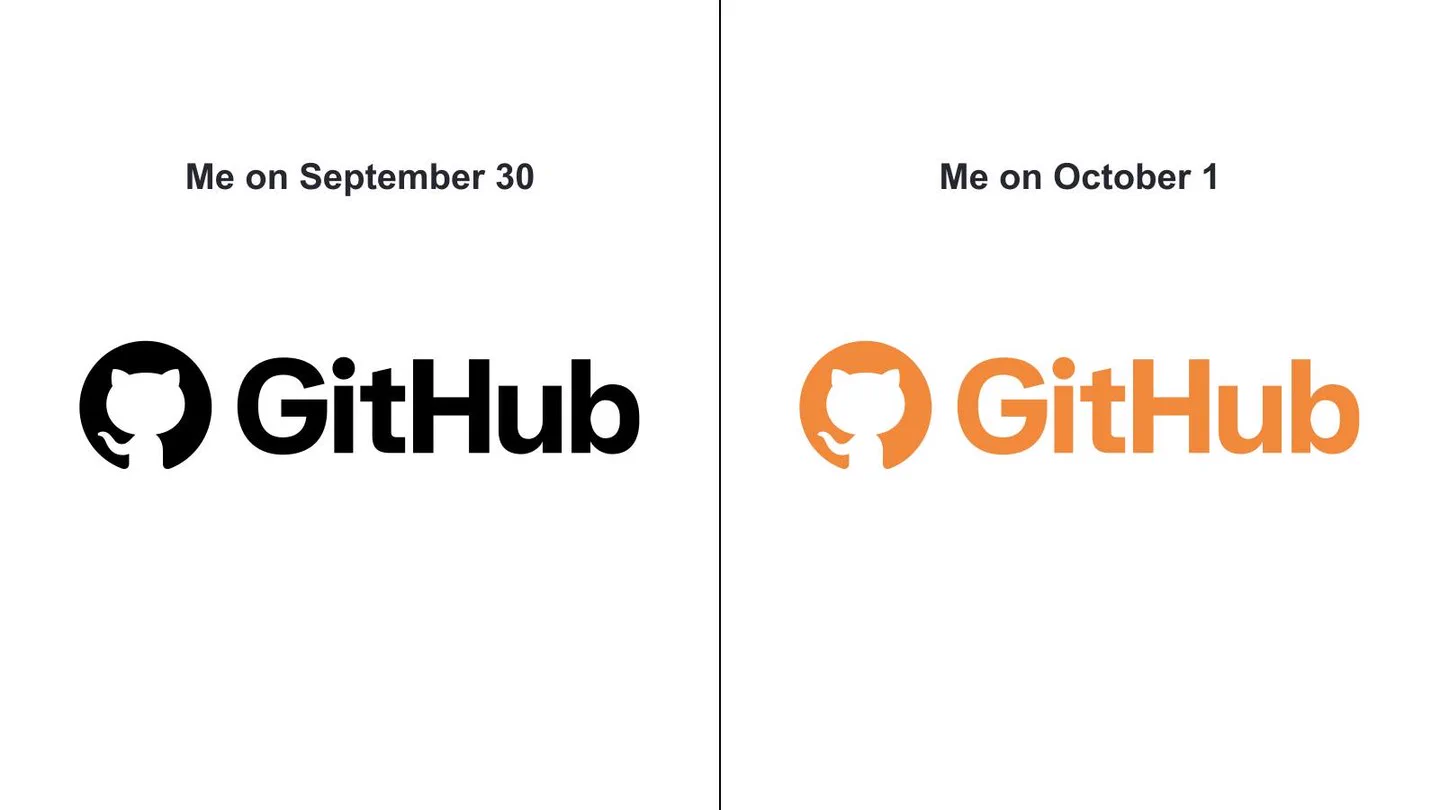 The left side of the image shows "Me on September 30" with the GitHub logo and the right side of the image shows "Me on October 1" with the GitHub logo in orange.
