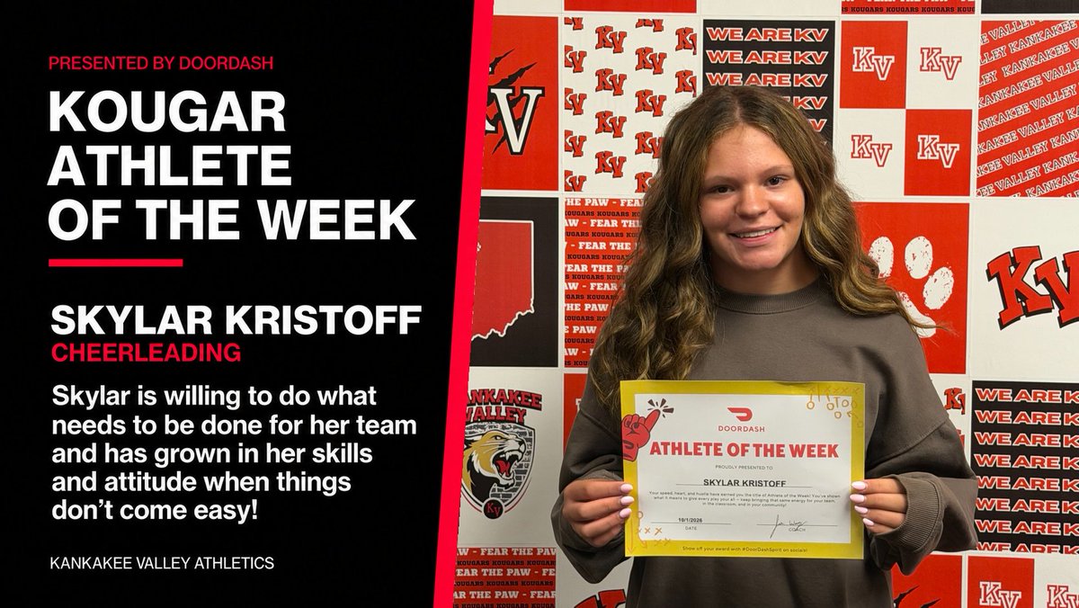 KVkougars's tweet photo. Congrats to our DoorDash Athlete of the Week! 
Skylar Kristoff, Cheerleading:  She's willing to do what needs to be done for her team and has grown in her skills and attitude when things don't come easy! #DoorDashSpirit https://t.co/eK8wZyzNTa