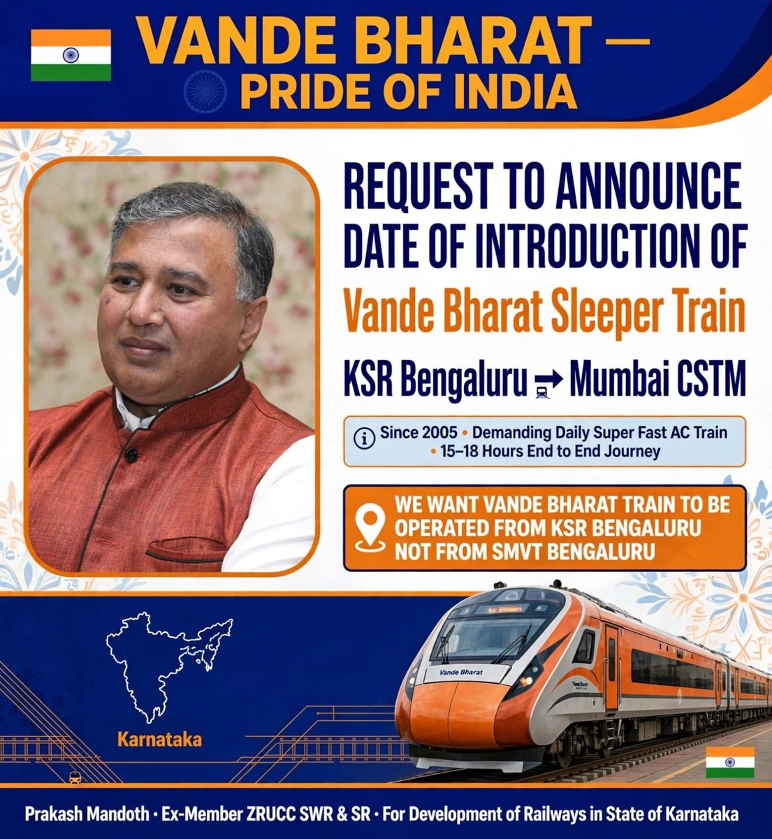 MandothPrakash's tweet photo. 1/2 Request @AshwiniVaishnaw To Announce The Date Of Introduction Of #VandeBharatSleeperTrain From KSR BLR To Mumbai CSTM Immediately @blsanthosh @joshiPrahlad @shobhakarandlaje   @RailwaySeva @CMofKarnataka  @GMSWR @CS_of_Karnataka @Tejasvi_Surya @pcmohan @drcnmanjunath @Swrly @drmsbc