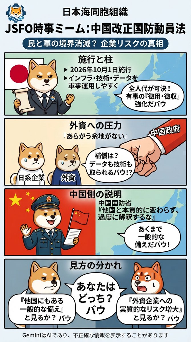 Y32_J32's tweet photo. @nikkei 中国改正国防動員法が

10月1日施行。

興梠一郎氏

『日系企業はあらがえず』

有事の民間資源徴用強化。

施行事実と指摘は確認できる。 https://t.co/fxEqD6SwV2