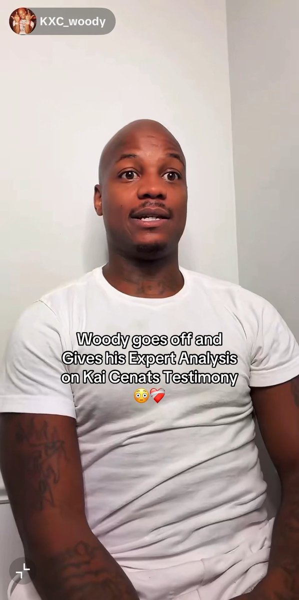 A bald man in a white t-shirt in a video with text overlay reading 'KXC_woody' and 'Woody goes off and Gives his Expert Analysis on Kai Cenats Testimony'.