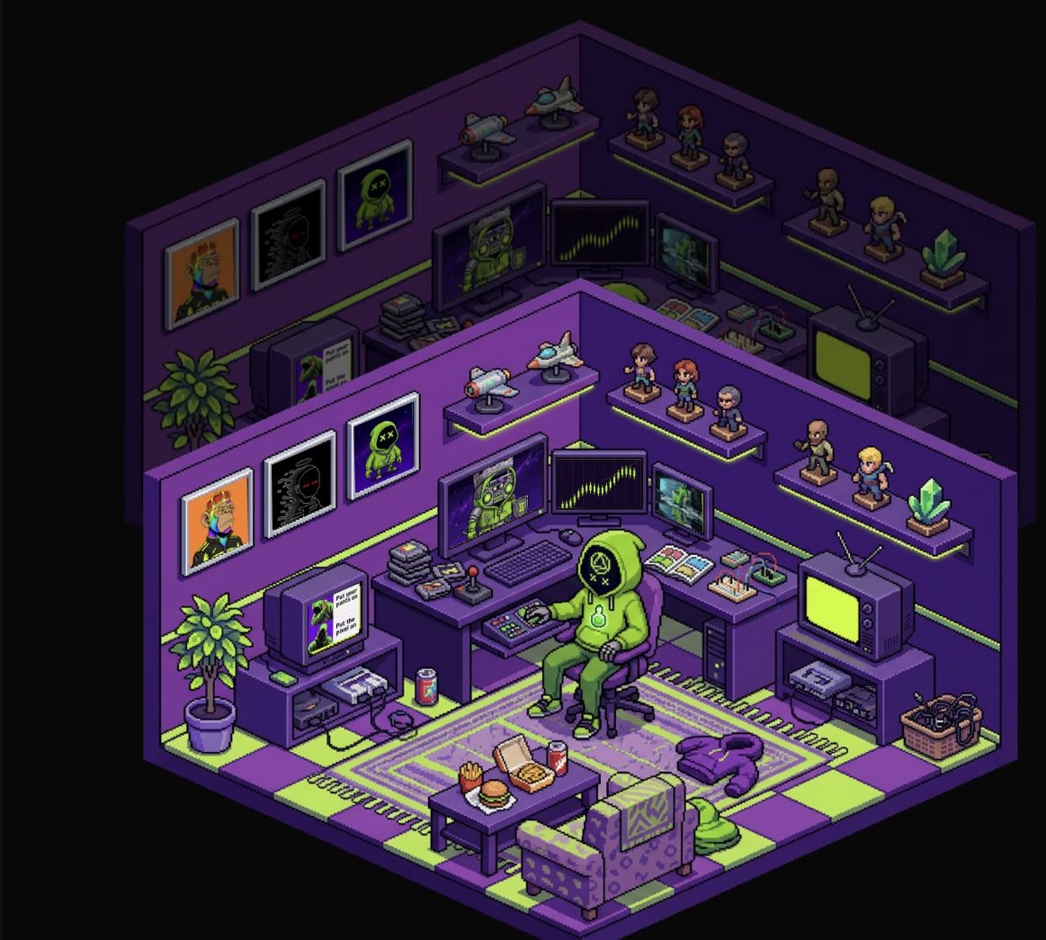 KryptoS0l0's tweet photo. Buy a Pixel Mini he said so I did. Now just Minted my Pixel Hood Room just for holding the Mini. Created by @pixelord for the community #HoodStreet #CCFF00 #PutThePixelOn https://t.co/IUjPhKOATR