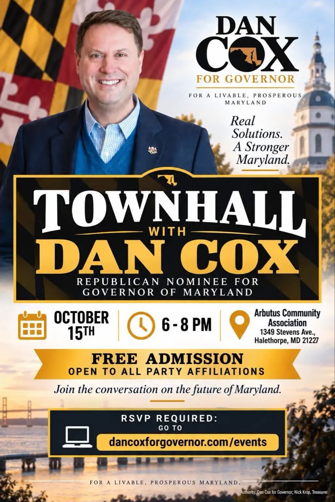 dancox4maryland's tweet photo. Don’t miss this FREE event in Arbutus!
RSVP here for free tickets:
https://t.co/wCCBuIPXoO
Authority: Dan Cox for Governor; Nick Krop, CPA, Treasurer. https://t.co/fxFIEVqIHi