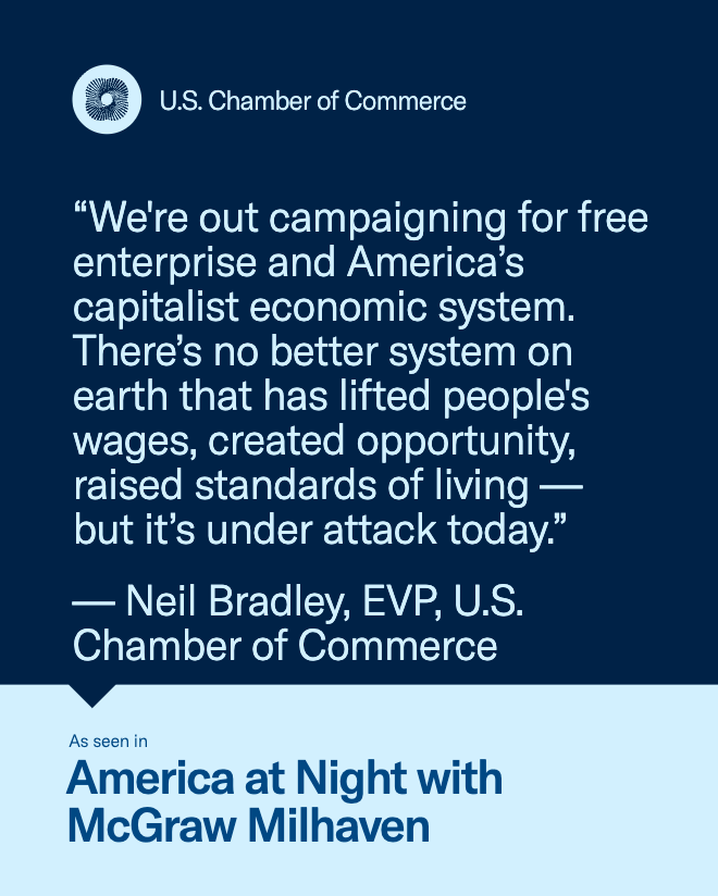 USChamber's tweet photo. What does free enterprise mean for America’s future? 

Our EVP Neil Bradley joined @McGrawMilhaven on Westwood One Radio to discuss why the U.S. Chamber is making the case for free enterprise and the opportunity it creates for businesses and workers.  

Listen here: https://t.co/PDB1YB70UE