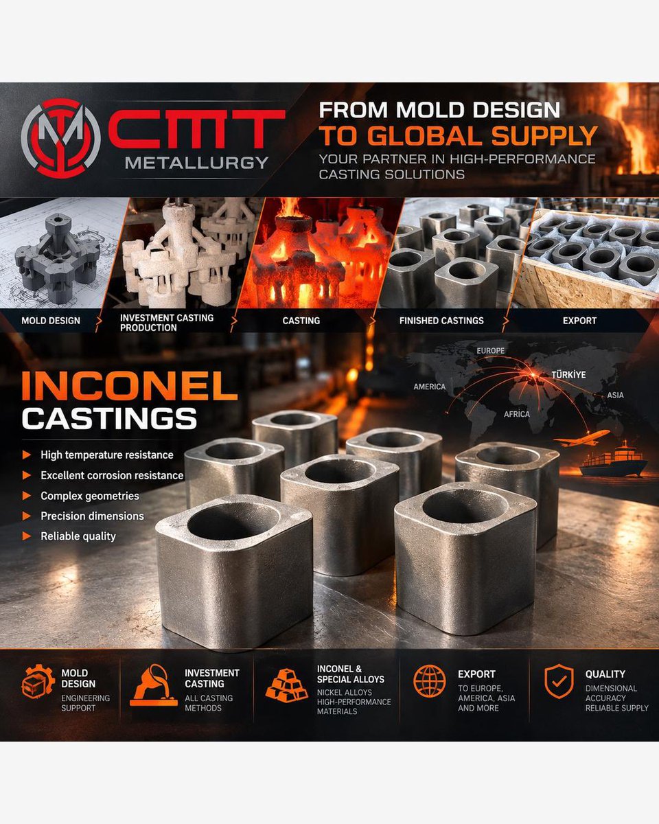 CmtMetallurgy's tweet photo. CMT METALLURGY
From Engineering to Global Supply
🌍 Turkey → Europe | America | Worldwid
#InvestmentCasting #Inconel #NickelAlloys #SteelCasting #StainlessSteelCasting #Purchasing #Sourcing #OEM #EPC #Engineering #Manufacturing #GlobalSupply #Export #IndustrialCasting https://t.co/tuKcIuObMJ