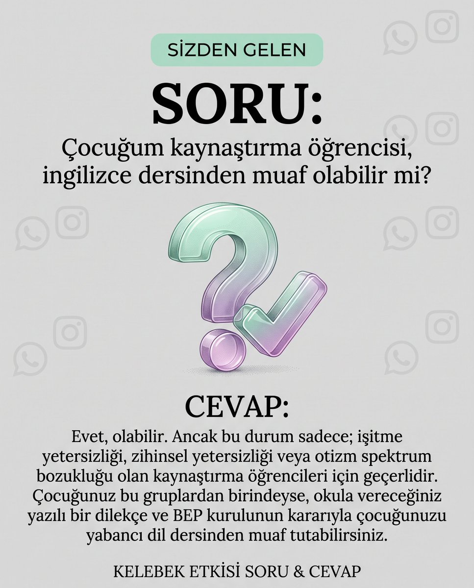 klbketkisigrubu's tweet photo. Çocuğumuz İngilizce dersinde zorlanıyorsa muafiyet hakkımız var mı? Evet! İşitme/zihinsel yetersizliği veya otizmi olan kaynaştırma öğrencileri yabancı dilden muaf olabilir. Okula dilekçe verip BEP kurul kararı almanız yeterli.
Dersi muaf tutan var mı?👇
#ÖzelEğitim #BEP https://t.co/QkDBnRfriG