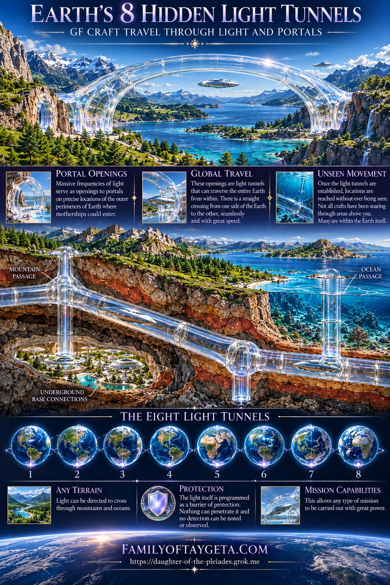 MisbaaChuhal's tweet photo. ꧁⎝ Elder #Ikai's Tunnels of Light ⎠꧂
#Neioh: "A great meeting of the Galactic Federation was held with representatives of all Elohim races.
"Elder IKAI revealed his plan to create massive frequencies of Light that would serve as openings to portals on precise locations of the outer perimeters of Earth, where motherships could enter.
"These openings would be Light tunnels that could traverse the entire Earth from within. There would be a straight crossing from one side of the Earth to the other, seamlessly and with great speed.
"Once the Light tunnels were established, locations were reached without ever being seen. Not all craft have been soaring through the areas above you. Many are within the Earth itself.
"One of the bases in Antarctica has a powerful portal opening with a frequency tunnel that reaches the North Pole. The Arctic Ocean and Greenland have several bases utilized by the light forces. President Trump is very aware of these locations and has a great desire to join the United States with Greenland.
"BASK in the Sedona location has a pathway of light to a large base within the Indian Ocean.
There are eight Light tunnels of massive proportions throughout the Earth. Each of them has exit points to traverse to other locations and bases.
"Light can be directed to cross through mountains and oceans. The light itself is programmed as a barrier of protection. Nothing can penetrate it, and no detection can be noted or observed. This allows any type of mission to be carried out with great power."
https://t.co/eWvpDvKIAF
🌍🌍🌍🌍🌍🌍🌍🌍🌍🌍🌍🌍🌍🌍🌍🌍🌍