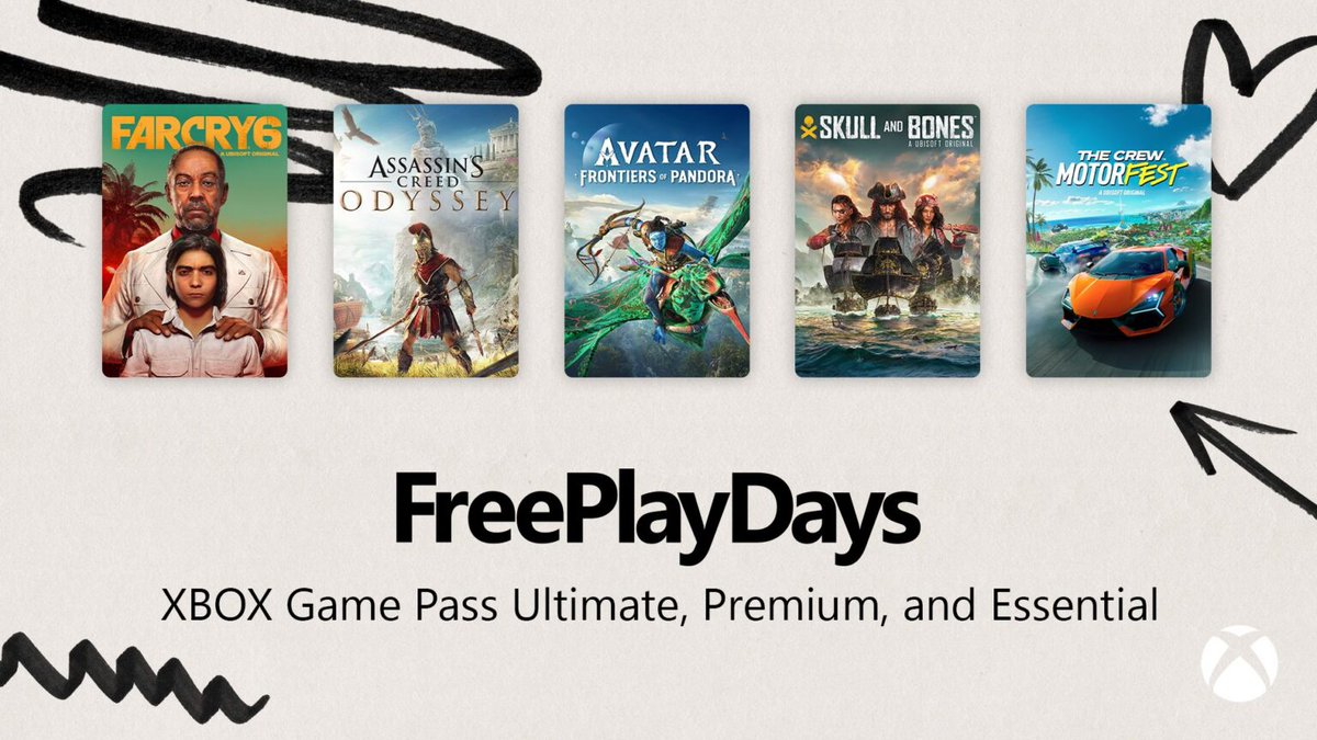 GamePassLATAM's tweet photo. 🔥 @UbisoftLatam toma el control en los #FreePlayDays.

Disfruta Far Cry 6, Assassin's Creed Odyssey, Avatar: Frontiers of Pandora, Skull and Bones y The Crew Motorfest gratis este fin de semana en XBOX: https://t.co/nZbEP2Y0Lw https://t.co/FQlKD8HT10